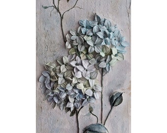 Hydrangea from plaster, sculptural painting hydrangea, sculptural art, voluminous panel of flowers, plaster wall decor, sculpture clay