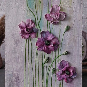 panel impasto, sculpture painting poppies, three-dimensional flowers with plaster, 3d flower painting, sculpture art, wall decor