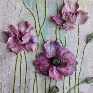 panel impasto, sculpture painting poppies, three-dimensional flowers with plaster, 3d flower painting, sculpture art, wall decor