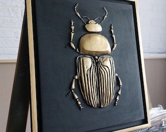 Bas-relief beetle painting, bas-relief 3d, sculptural painting of golden, bas-relief with gold, animalistic sculptural painting