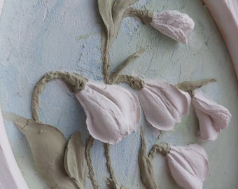 white flowers bluebells,sculptural painting of flowers,sculpture art,three-dimensional gypsum flowers,3D flower painting,bas-relief painting