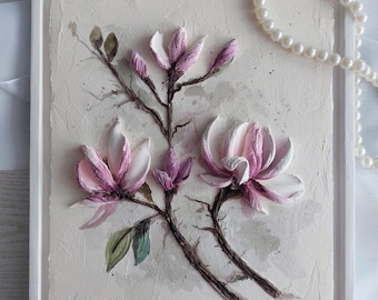 Magnolia sculpture painting, three-dimensional gypsum flowers, 3D flower painting, art sculpture,bas-relief flowers,plaster panel