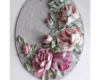 Sculptural painting, 3d plaster flowers, panels with decorative plaster, three-dimensional painting, plaster roses, stucco molding,impasto