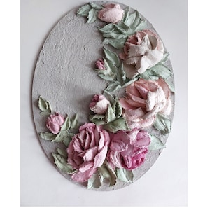 Sculptural painting, 3d plaster flowers, panels with decorative plaster, three-dimensional painting, plaster roses, stucco molding,impasto