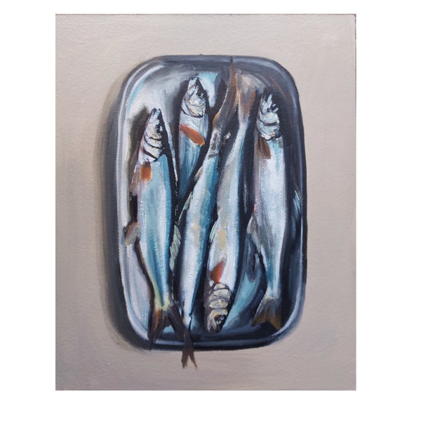 sardine in a tin, sardine painting, newspaper art, kitchen art, kitchen decor,  fish painting