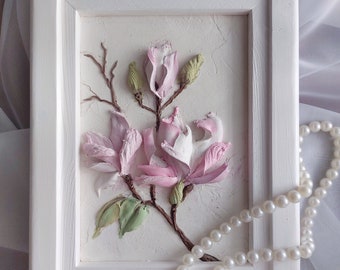 Magnolia sculpture painting, three-dimensional gypsum flowers, 3D flower painting, art sculpture,bas-relief flowers,plaster panel