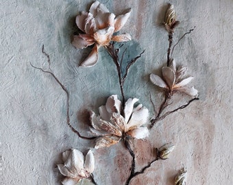 3d wall art,  sculpture painting,  3d magnolia,  Textured flowers art, 3d painting,  impasto art, plaster panel, 3d sculpture