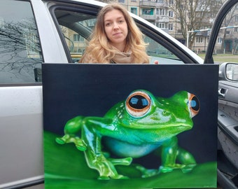 Schilderij groene kikker, Dwight-pad, origineel schilderij, interieurschildering, hyperrealisme, realisme, acrylkunst, Gemälde, kikkerkunst