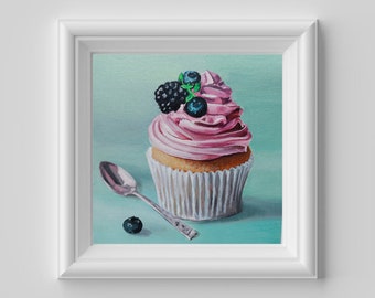 Art de cupcake, peinture de cupcake, peinture de cupcake crème, art de la cuisine, cupcake rose sur fond turquoise, dessin de dessert aux baies, Gemälde