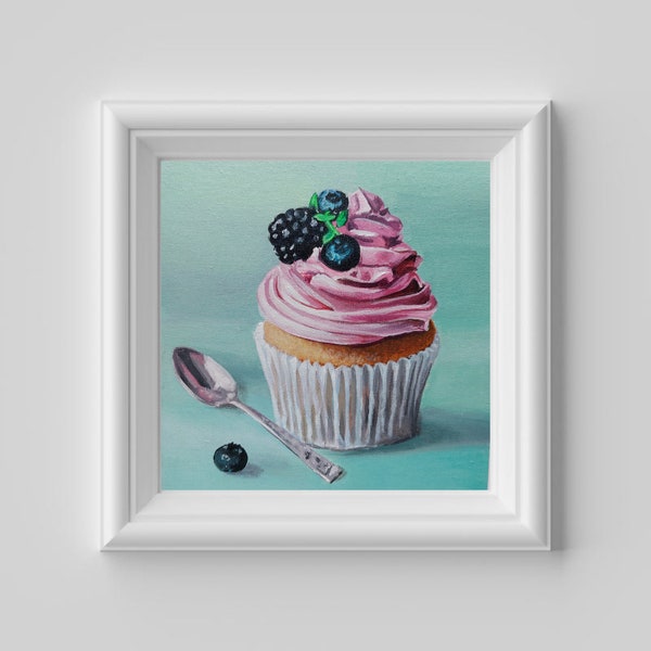 Art de cupcake, peinture de cupcake, peinture de cupcake crème, art de la cuisine, cupcake rose sur fond turquoise, dessin de dessert aux baies, Gemälde