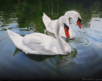 Schilderij zwanen met acryl, hyperrealistische kunst, schilderij op canvas, realisme kunst aan de muur, verliefde zwanen, twee vogels in de vijver