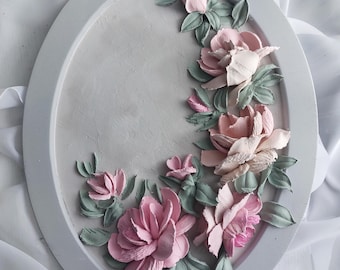 Wedding Gift, Handmade 3D Floral Wall Art, Textured Flower Painting, Shabby Chic Oval Artwork, Custom Floral Relief Decor 40×30 cm