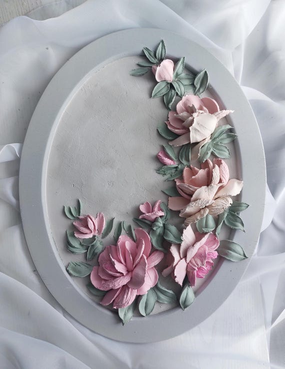 Wedding Gift, Handmade 3D Floral Wall Art, Textured Flower Painting, Shabby Chic Oval Artwork, Custom Floral Relief Decor 40×30 cm
