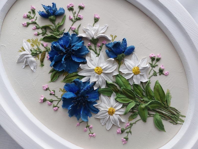 Puede incluir: Primer plano de un marco ovalado blanco con una pintura floral en 3D. La pintura presenta flores azules y blancas con hojas verdes y capullos rosados.