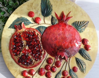 sculpture painting of pomegranate, pomegranate, three-dimensional fruit painting, 3D flower, art sculpture, plaster panel