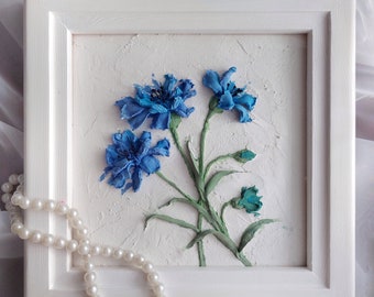 blue cornflowers sculpture painting, three-dimensional gypsum flowers, 3D flower painting, art sculpture,wall decor,plaster panel