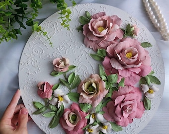 Shabby Chic Floral Plaster Art, 3D sculpture art, Textured Rose Round Artwork (43 cm)