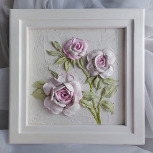 sculpture peinture roses, fleurs de gypse en trois dimensions, peinture de fleurs 3D, sculpture d'art, décoration murale, image pour la maison, panneau de plâtre