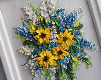 3D Floral Wall Art with Sunflowers, Custom wedding bouquet, sculpture painting flowers,  3d flowers art, 3d sunflowers art