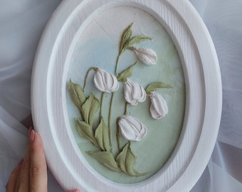white flowers bluebells,sculptural painting of flowers,sculpture art, textured art, gypsum flowers,3D flower painting,bas-relief painting