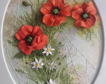 poppy sculpture painting, three-dimensional gypsum flowers, 3D flower painting, art sculpture,wall decor, christmas gift idea, plaster panel