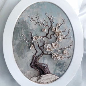 Textured Wall Art “Blooming Plum”, 3D Plaster Painting in Oval Frame, Handmade Sculpture Art, 40x30 cm Wall Decor