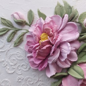 peinture sculpturale pivoines, fleurs roses avec gypse, composition sculpturale de fleurs, peinture texturée, sculpture, idée cadeau de Noël