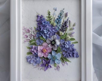Lilac Bouquet Sculpture Painting, 3D Textured Floral Wall Art, Purple Flower Relief, Handmade Lilac Home Decor with Wooden Frame