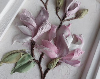 Magnolia sculpture painting, three-dimensional gypsum flowers, 3D flower painting, art sculpture,bas-relief flowers,plaster panel