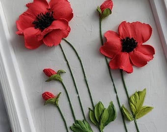 3D Sculpture Painting of Red Poppies, Textured Floral Wall Art, Handmade Plaster Flowers, Modern Home Decor, Unique Gift Idea