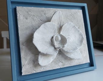 3D Orchid Wall Art, White Flower Relief Sculpture in Wooden Frame, Textured Botanical Decor, Small Handmade Wall Sculpture