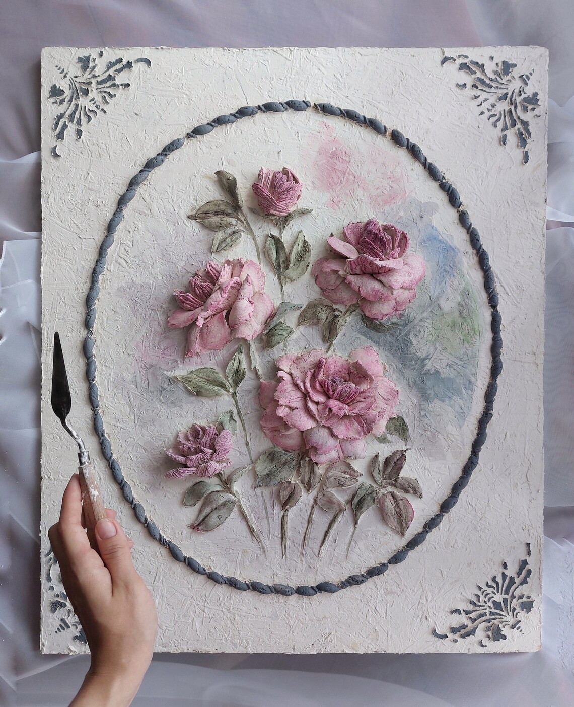 Sculpture Painting Roses, Threedimensional Flowers With Plaster, 3d