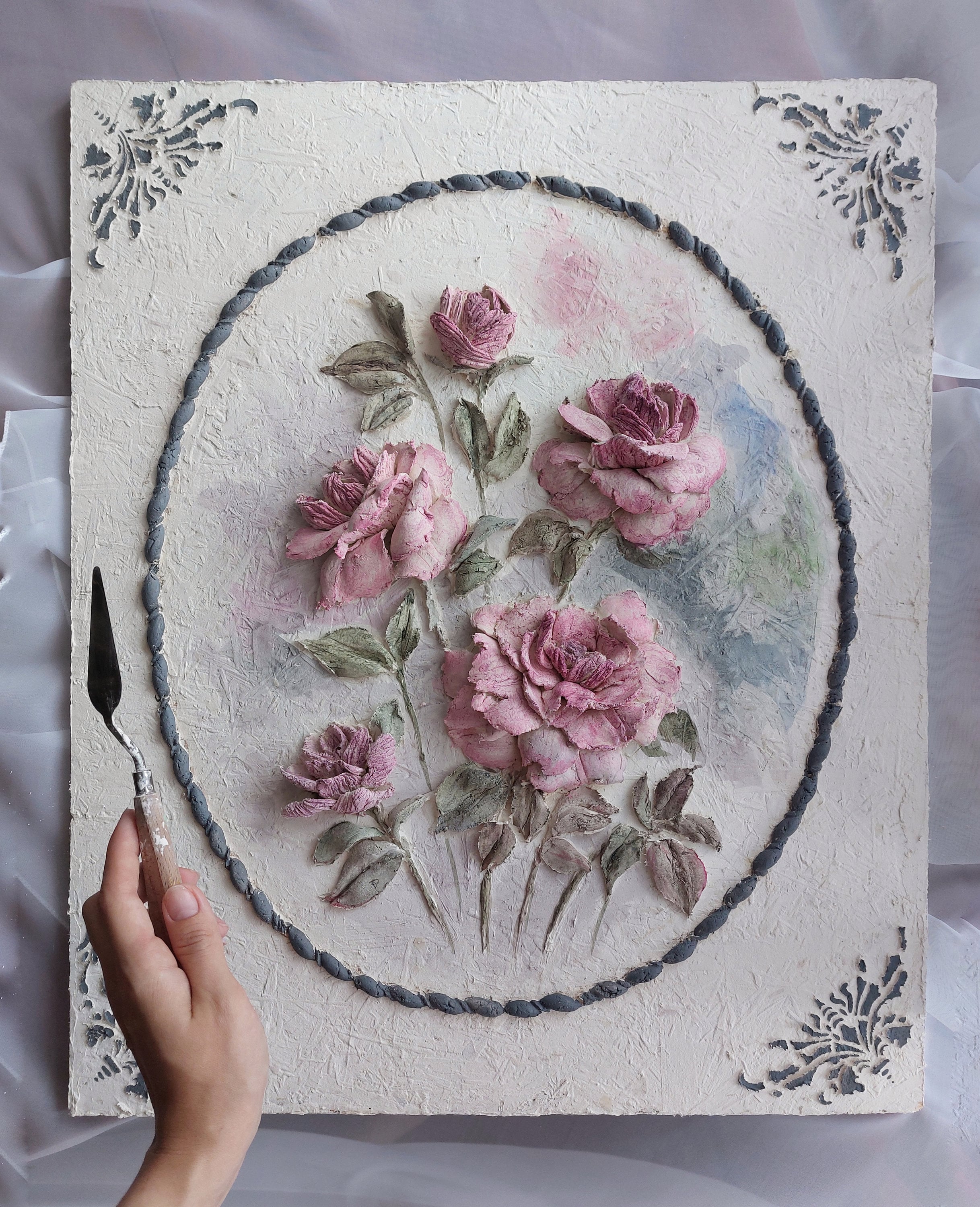 sculpture painting roses, three-dimensional flowers with plaster, 3d flower painting, sculpture art, textured art, painting for home
