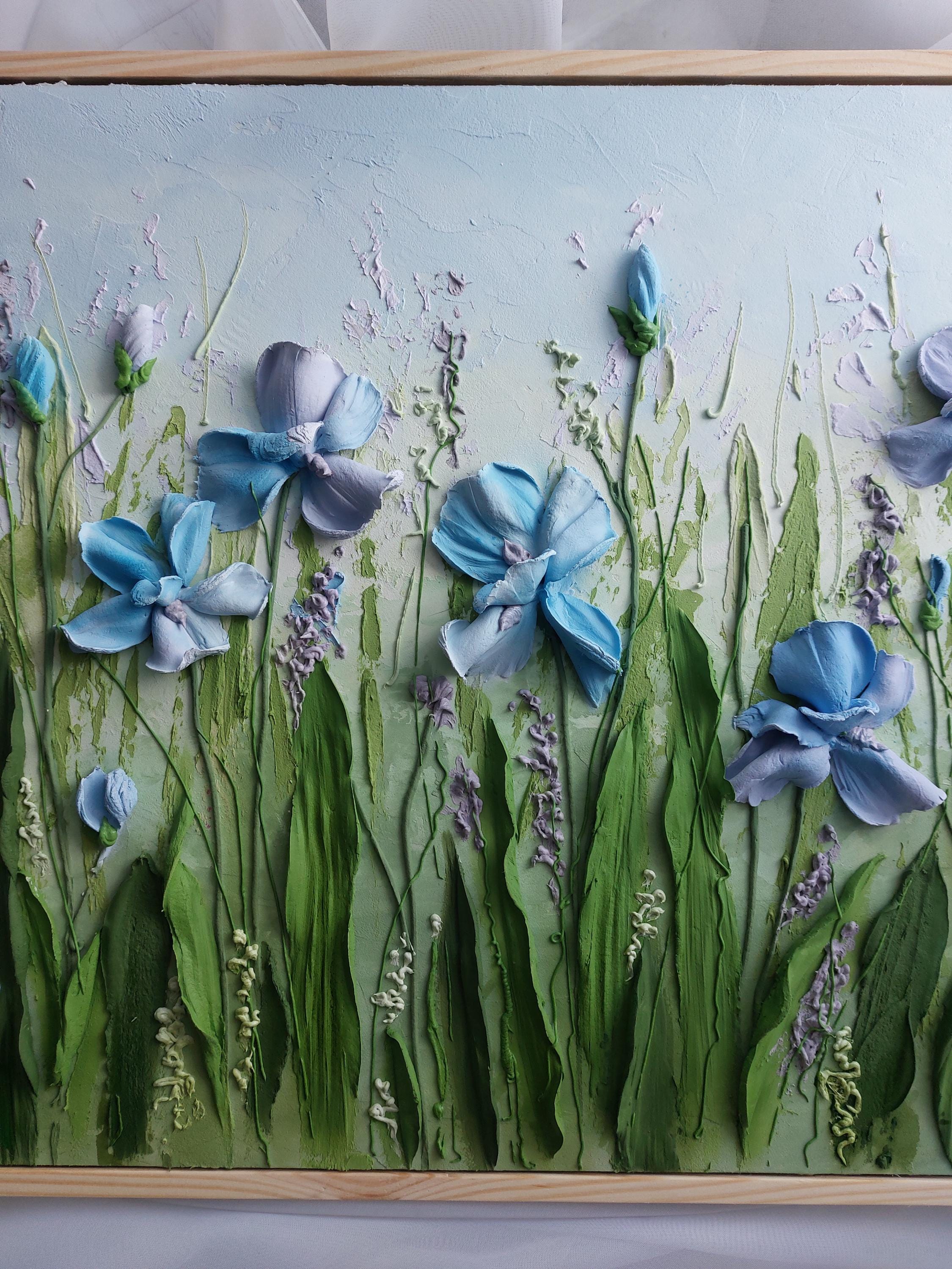 3Dアイリスの壁アート、彫刻的な花の絵画、質感のある花のアート作品 