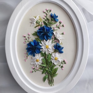 Bouquet champêtre, peinture 3D, fleurs 3D de bleuets et de marguerites, peinture 3D de fleurs, sculpture d'art, sculpture d'art, panneau de gypse