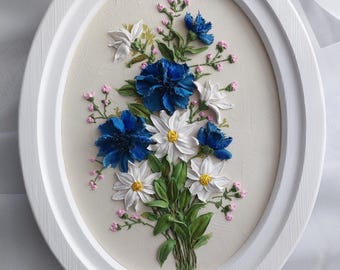 Bukiet polny, malarstwo 3D, kwiaty 3D chabry i stokrotki, malarstwo 3D kwiatów, rzeźba artystyczna, sztuka rzeźbiarska, panel gipsowy