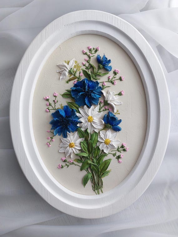 Field bouquet, 3D painting, 3D flowers cornflowers and daisies, 3D flower painting, art sculpture, sculpture art, gypsum panel