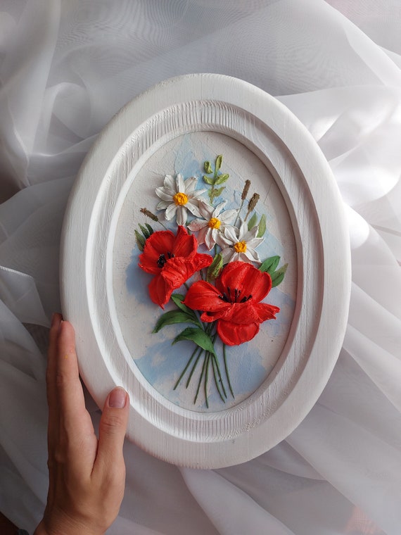 3D Floral Wall Art with Poppies and Daisies, Sculptural Painting, Handmade Textured Artwork, Oval White Frame, Unique Gift for Home