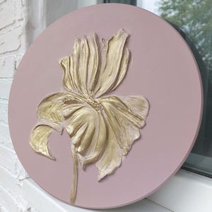 Bas-relief painting, bas-relief iris, sculptural painting of golden iris, bas-relief with gold, interior sculptural painting