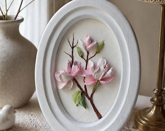 Magnolia sculpture painting, three-dimensional gypsum flowers, 3D flower painting, art sculpture,bas-relief flowers,plaster panel