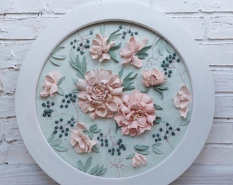 Shabby Chic Floral Wall Art, 3D Textured Flower Painting, Pink Rose Round Artwork, Sculptural Plaster Art Gift for Her, 43 cm