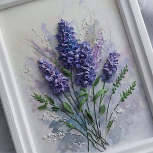 Peinture sculpturale delphinium, fleurs de lavande 3D, peinture volumétrique de fleurs, panneau mural, peinture sur plâtre, art 3D, bas-relief