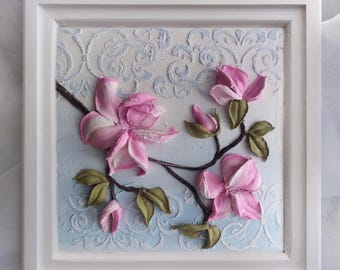 3D Magnolia Wall Art, Textured Floral Painting on Canvas, Sculptural Plaster Artwork, Pink Flower Relief, Handmade Home Decor