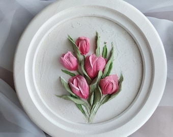 Tulips from plaster, sculptural painting tulip, sculptural art, voluminous panel of flowers, plaster wall decor, sculpture art painting