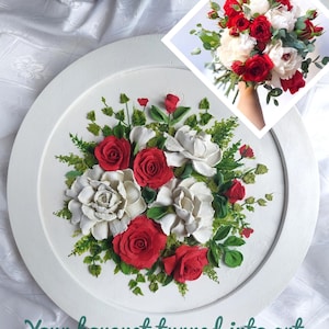 Tableau 3D personnalisé pour bouquet de mariage, oeuvre d'art murale sculpturale, fleurs en plâtre, relief floral personnalisé, cadeau bouquet de mariée unique