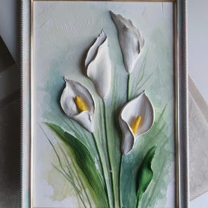 Sculptural Painting Calla Lilies | 3D Floral Wall Art | Handmade Textured Artwork with Frame, sculpture painting flowers,  minimalism 3d art