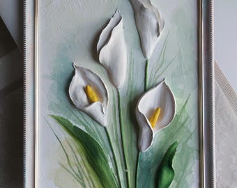 Sculptural Painting Calla Lilies | 3D Floral Wall Art | Handmade Textured Artwork with Frame, sculpture painting flowers,  minimalism 3d art
