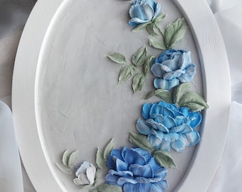 Blue roses, sculpture painting, three-dimensional gypsum flowers, 3D flower painting, art sculpture,wall decor, sculpture art,plaster panel