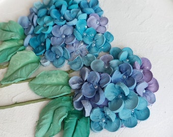 Sculptural Painting, Decorative Plaster, Blue Hydrangeas, 3D Floral Art, Textured Elegance, Spring Harmony, Unique Form, Canvas Beauty