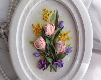 3d art, 3d panel, Pink tulip sculpture painting, flower sculpture, sculptural art, plaster three-dimensional flowers, 3d flowers for wall